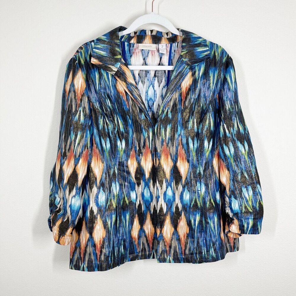 Chicos Linen Blend Ruched Sleeve Jacket Size L Ikat Print Blue Metallic Collared